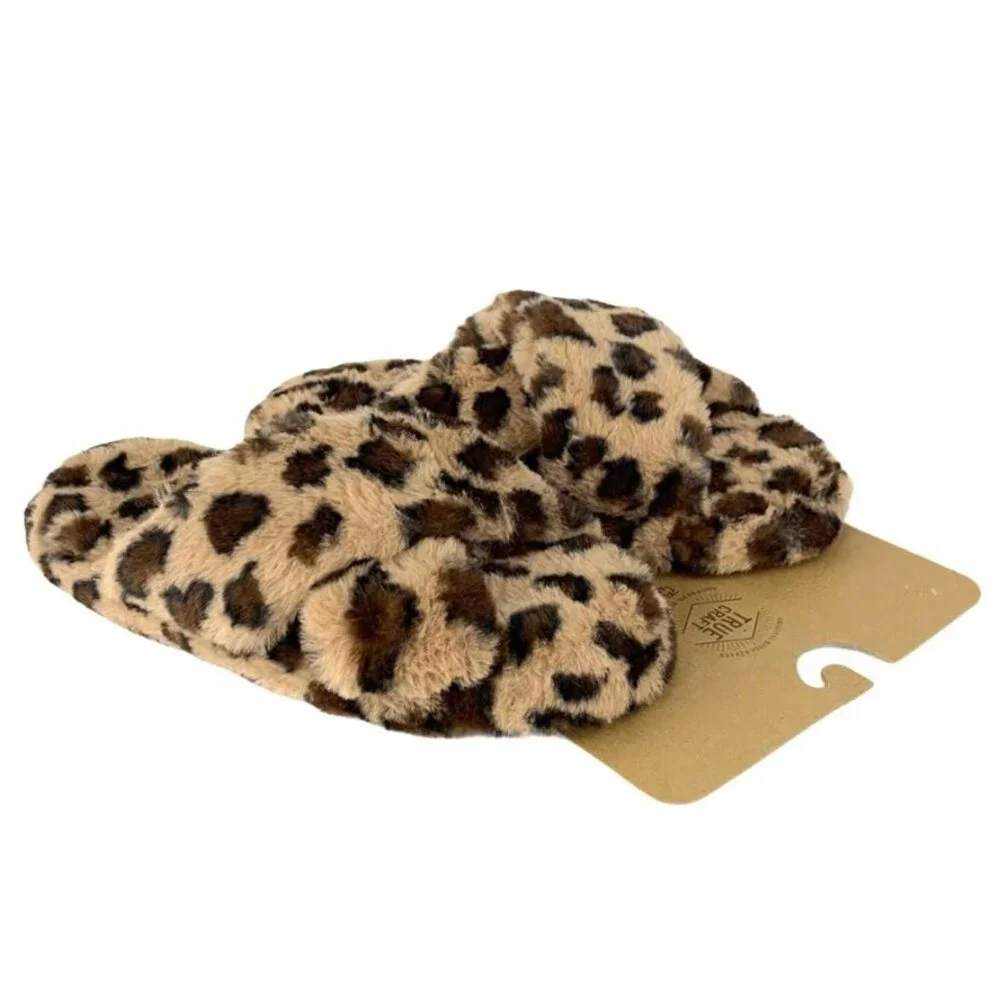 TRUE CRAFT Women's CrissCross Flats Fuzzy Furry Slippers Leopard Medium(7-8) - Picture 9 of 11